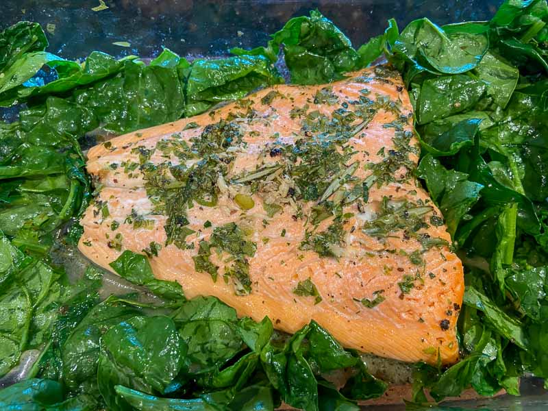 One-dish Baked Salmon and Spinach with Lemon and Herbs