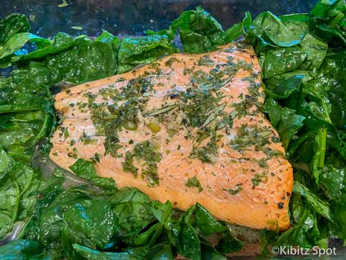 Spinach and cooked salmon is one of our favorite gluten-free salmon recipes