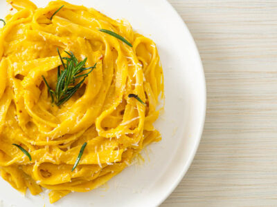 A plate of fettuccine with creamy butternut squash pasta sauce