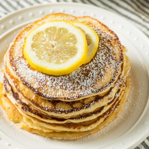 My sister's gluten-free lemon pancakes with powdered sugar