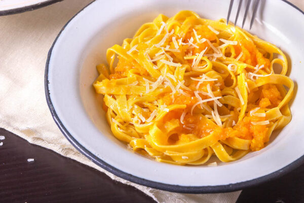 creamy squash sauce over pasta with parmesan cheese.