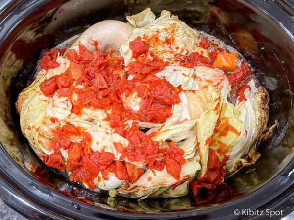 Chicken and cabbage recipe in a crockpot just after cooking