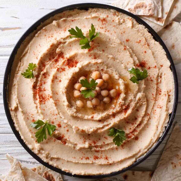 A bowl of chickpea hummus.