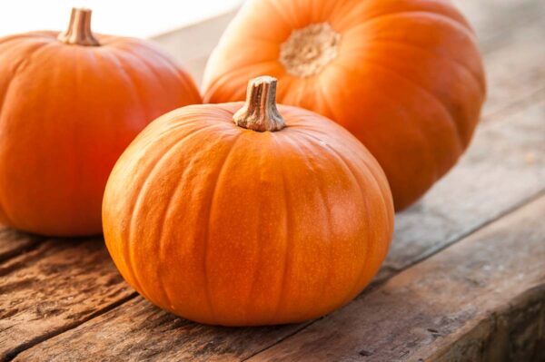 Fresh pumpkins on a wood cutting board