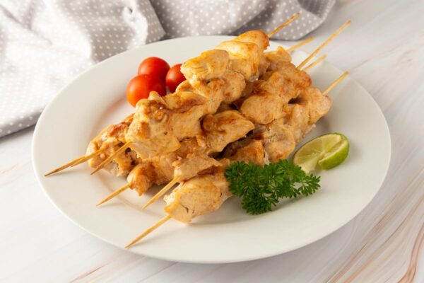 Chicken skewers for dipping in our peanut satay sauce