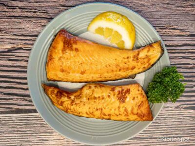 Cooking frozen salmon in the air fryer results in this lovely dinner.